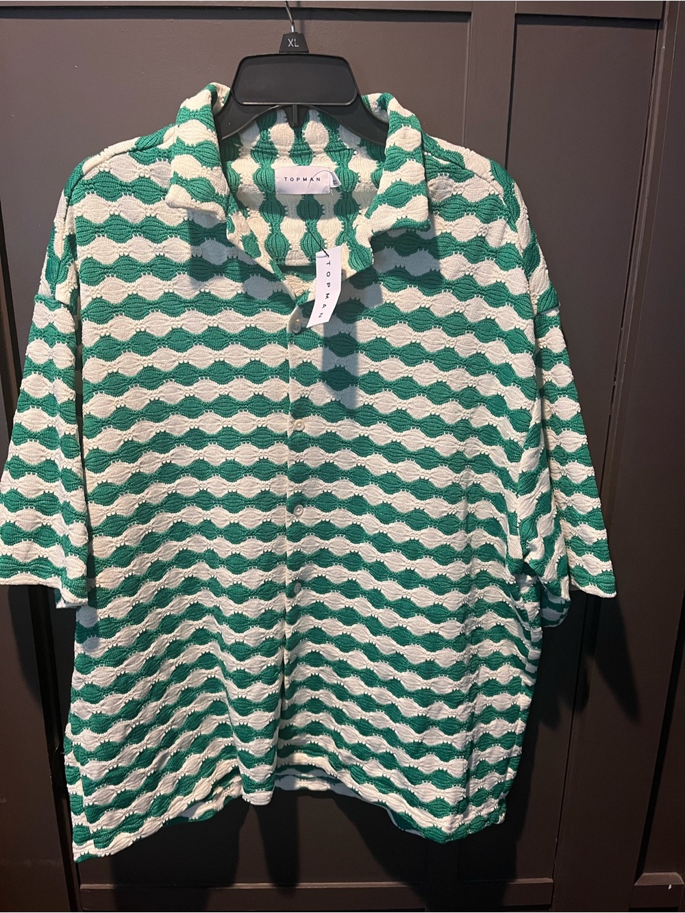 Topman Green & Cream Wave-Pattern Short Sleeve Button Shirt Size XL NEW